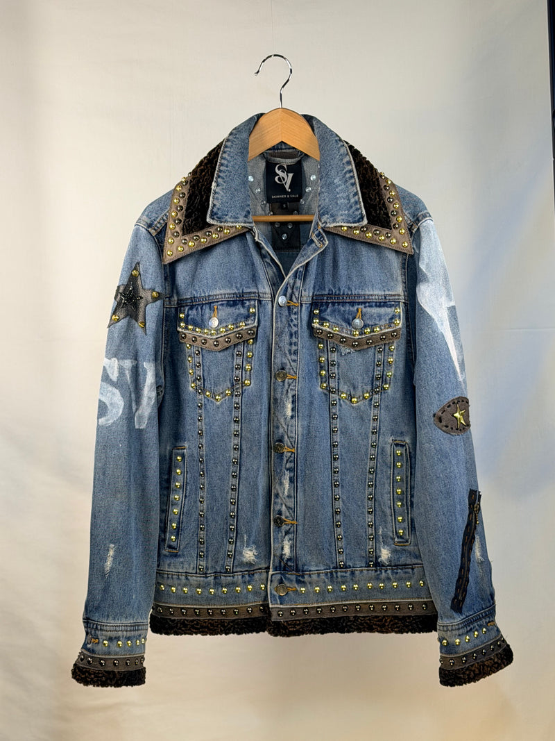 LION Denim jacket front view — Skinner & Vale upcycled denim jacket