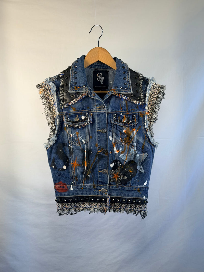 PUNK Skull Denim Gilet front view — Skinner & Vale upcycled denim gilet