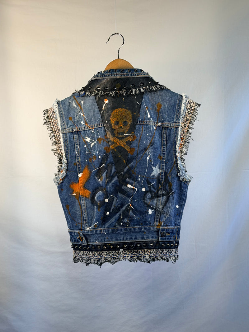 PUNK Skull Denim Gilet back view — Skinner & Vale upcycled denim gilet