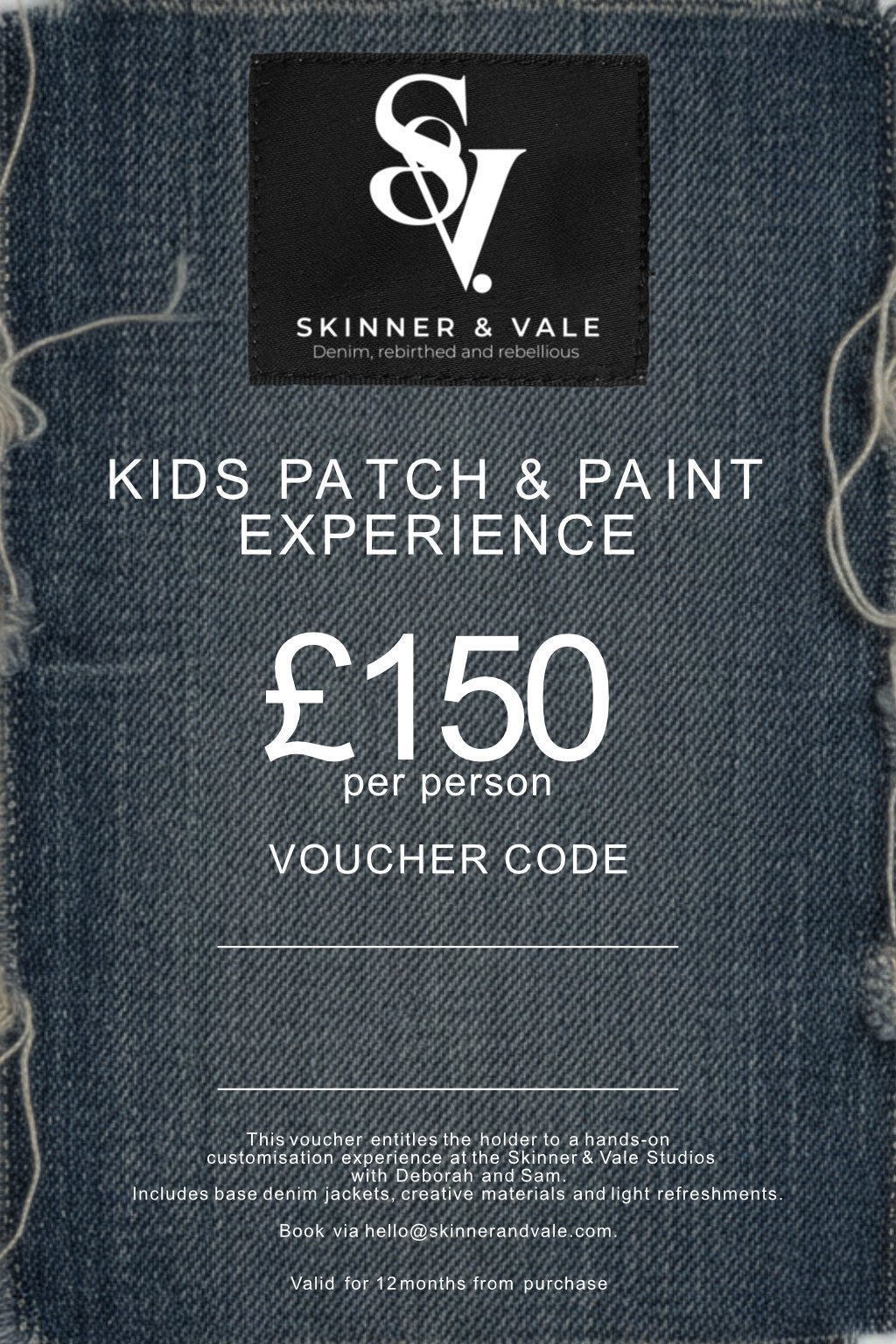 Skinner & Vale Kids Patch & Paint Experience front view — Skinner & Vale upcycled denim jacket
