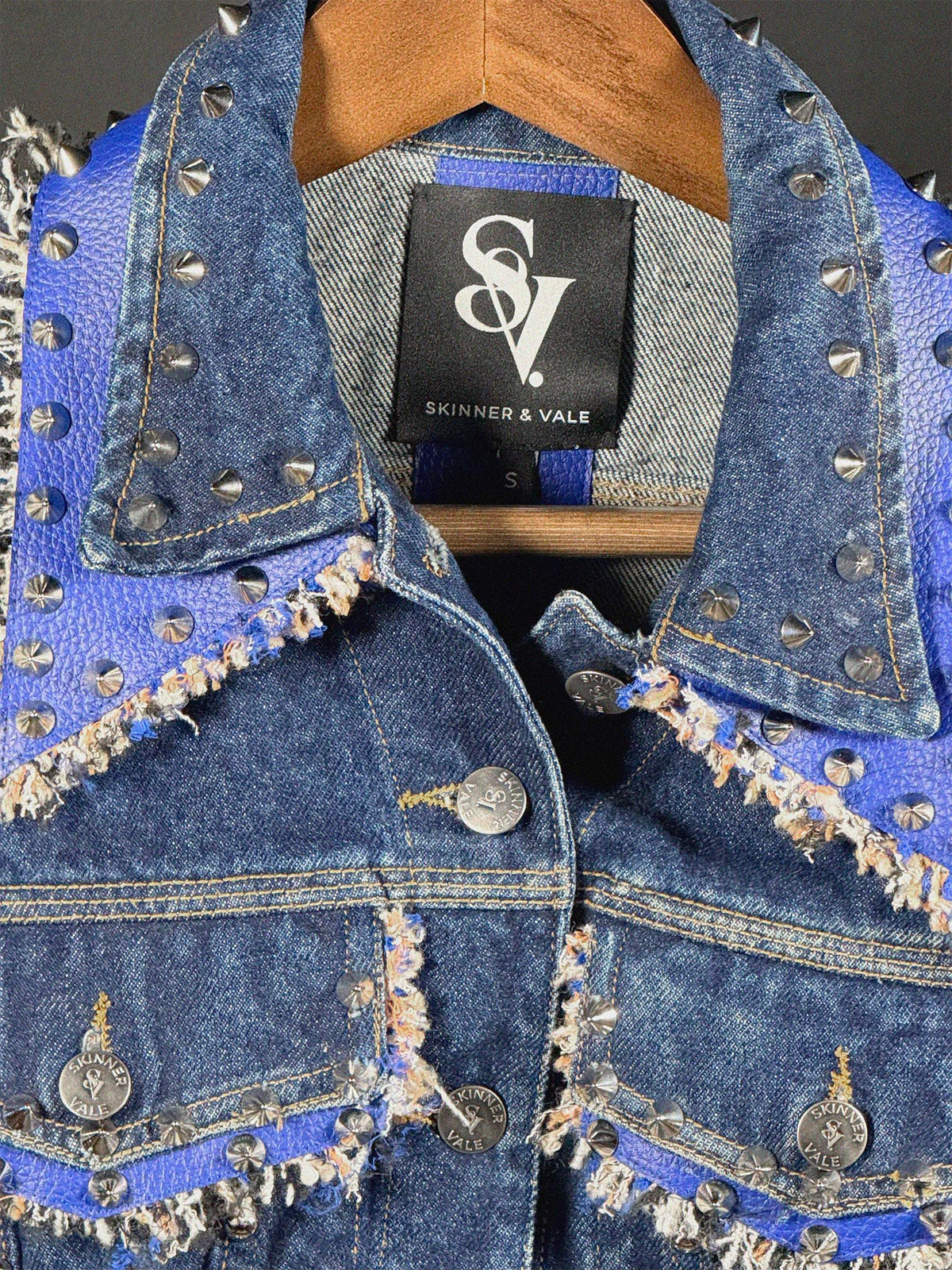 KATIE Denim Jacket front view — Skinner & Vale upcycled denim jacket