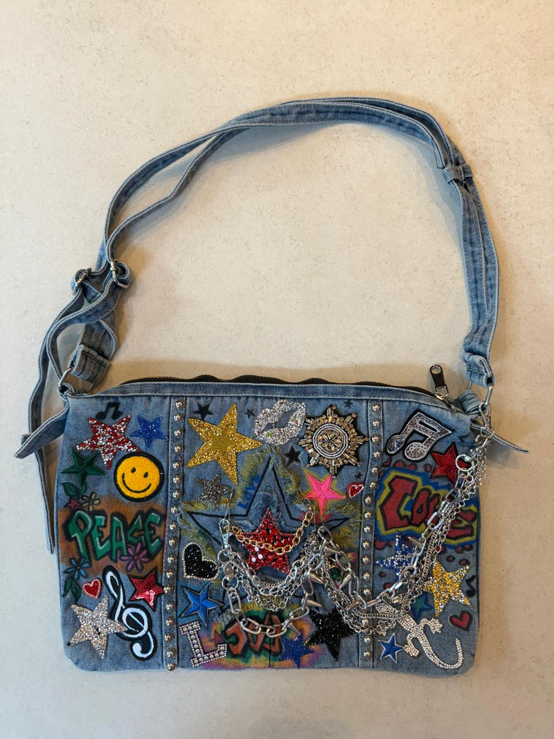 Rock-Star Graffiti Lux Denim Patch Bag front view — Skinner & Vale upcycled denim bag