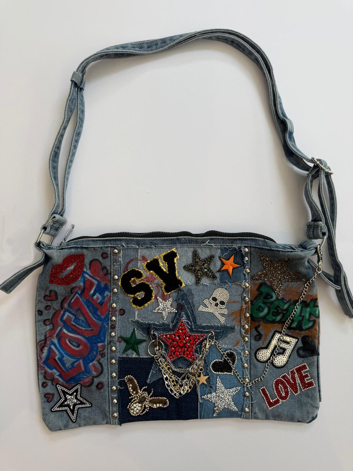 Rock-Star Graffiti Denim Patch Bag front view — Skinner & Vale upcycled denim bag