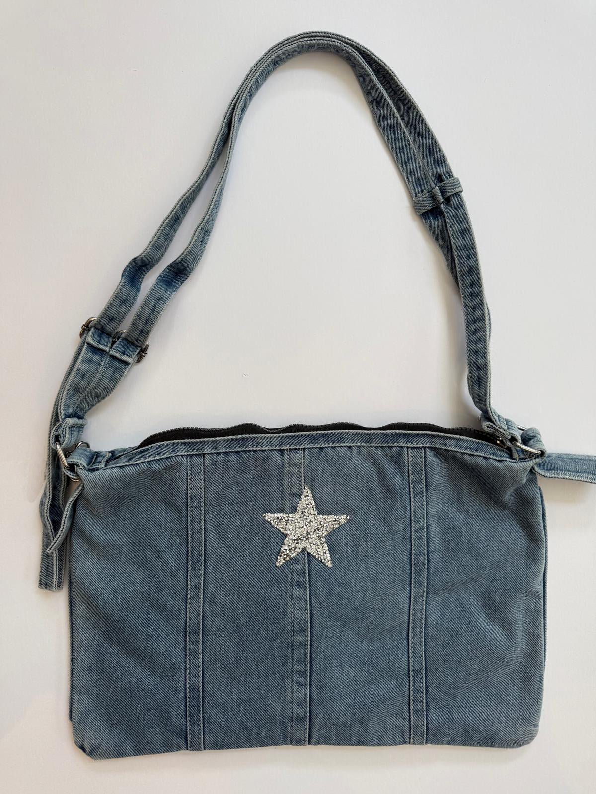 Rock-Star Graffiti Denim Patch Bag back view — Skinner & Vale upcycled denim bag