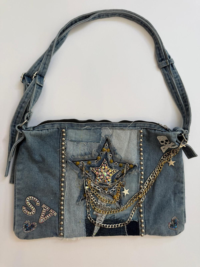 Rock-Star Lightning Denim Patch Bag front view — Skinner & Vale upcycled denim bag