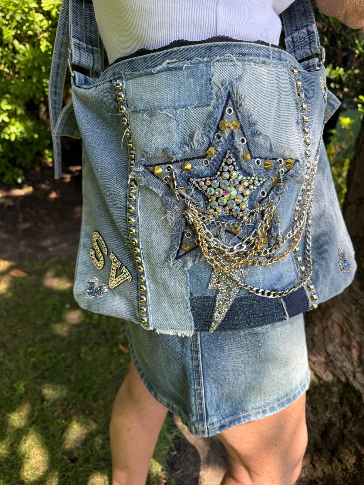 Rock-Star Lightning Denim Patch Bag back view — Skinner & Vale upcycled denim bag