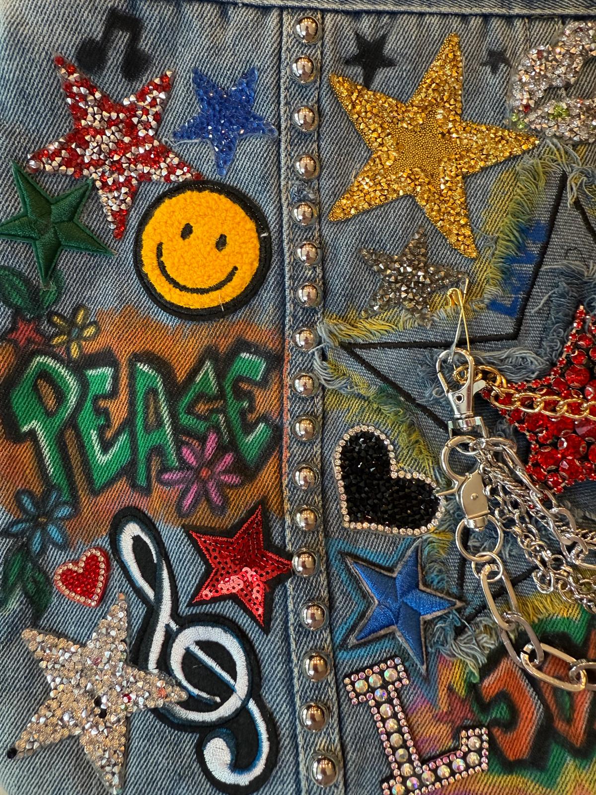 Rock-Star Graffiti Lux Denim Patch Bag close-up detail — Skinner & Vale upcycled denim bag