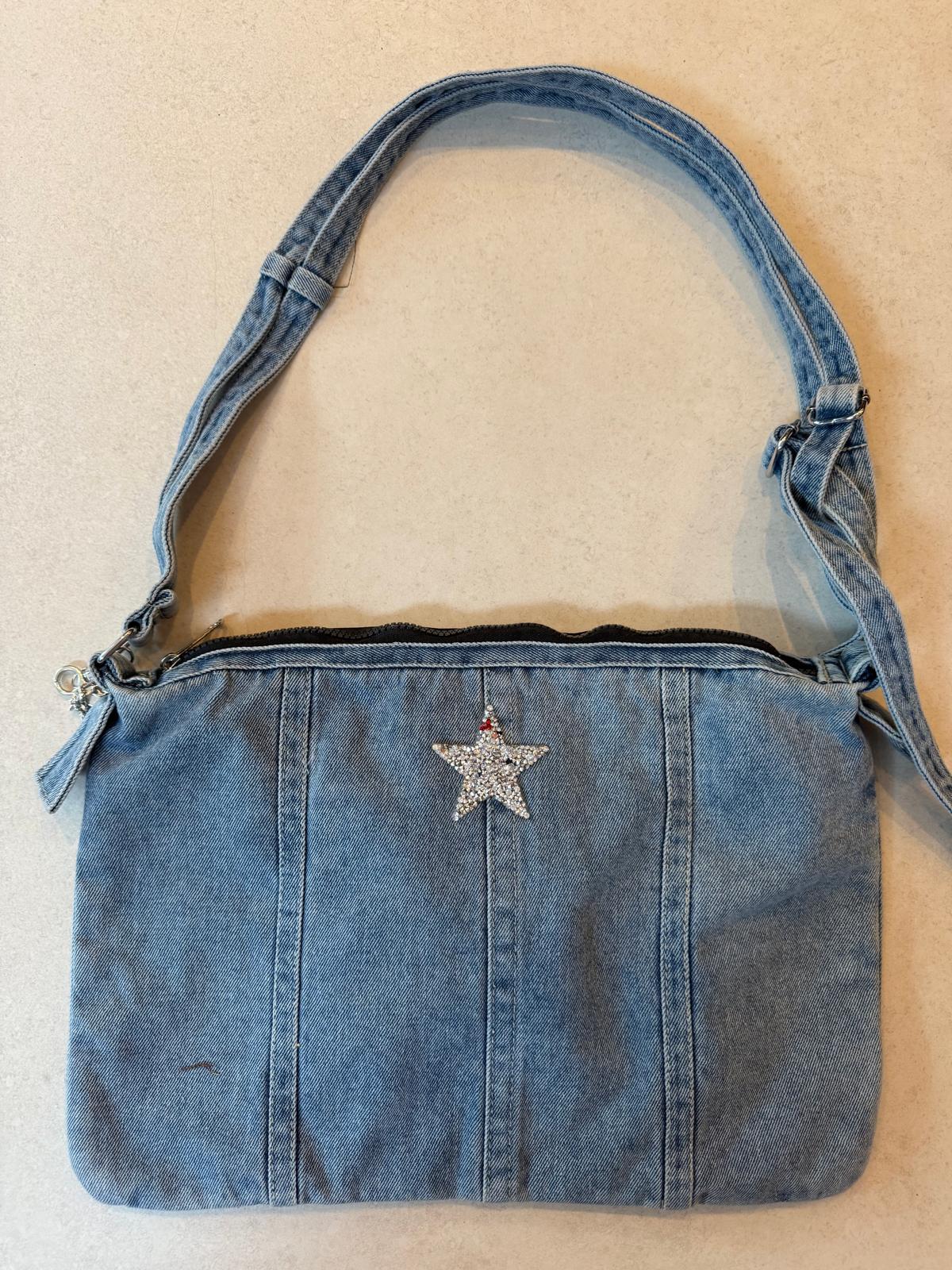 Rock-Star Graffiti Lux Denim Patch Bag back view — Skinner & Vale upcycled denim bag