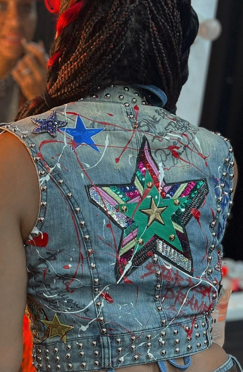 ELLE Denim Gilet detail view — Skinner & Vale upcycled denim gilet