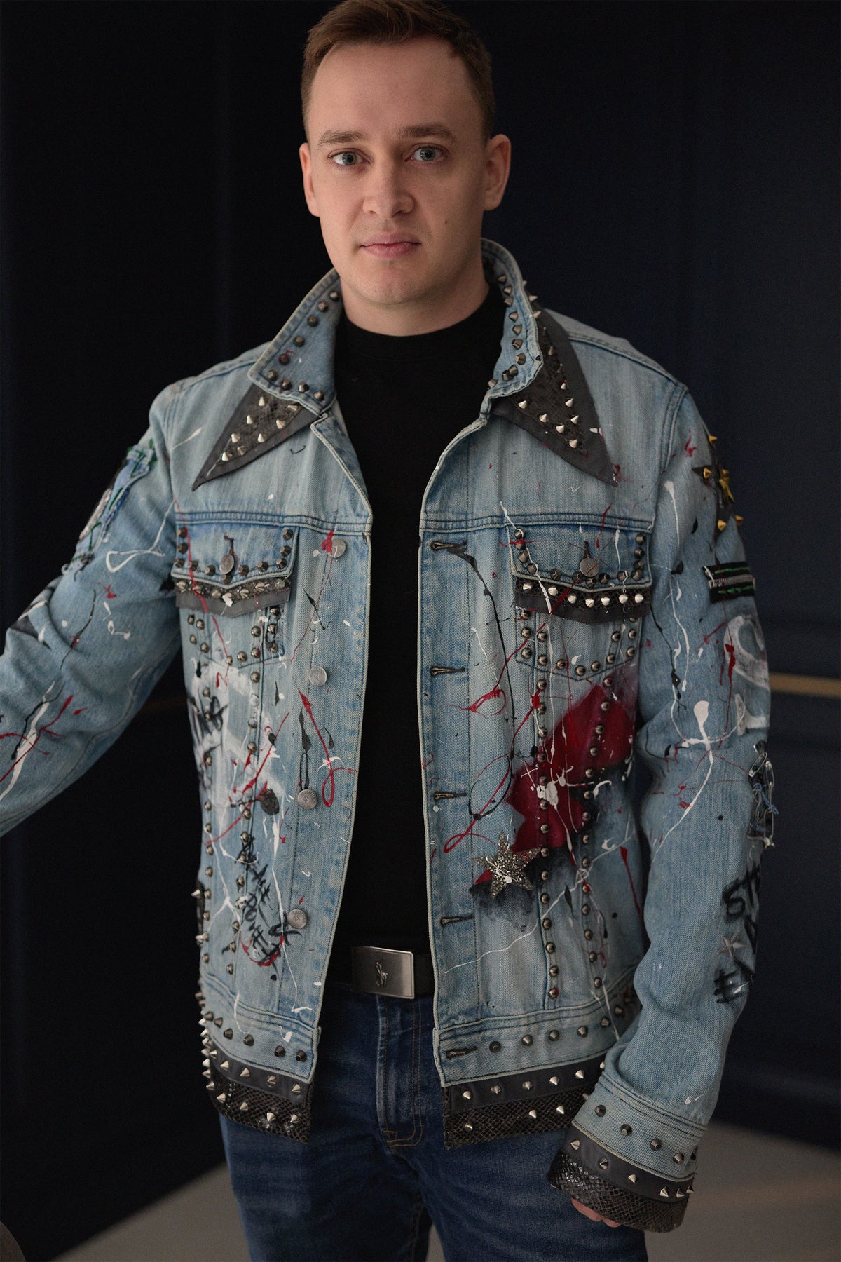 LOVE MY LIFE Mens Denim Jacket detail view — Skinner & Vale upcycled denim jacket