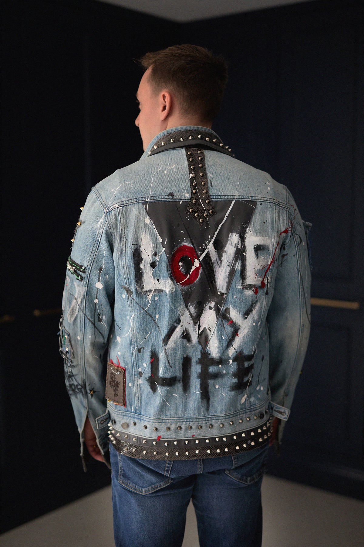 LOVE MY LIFE Mens Denim Jacket lifestyle — Skinner & Vale upcycled denim jacket