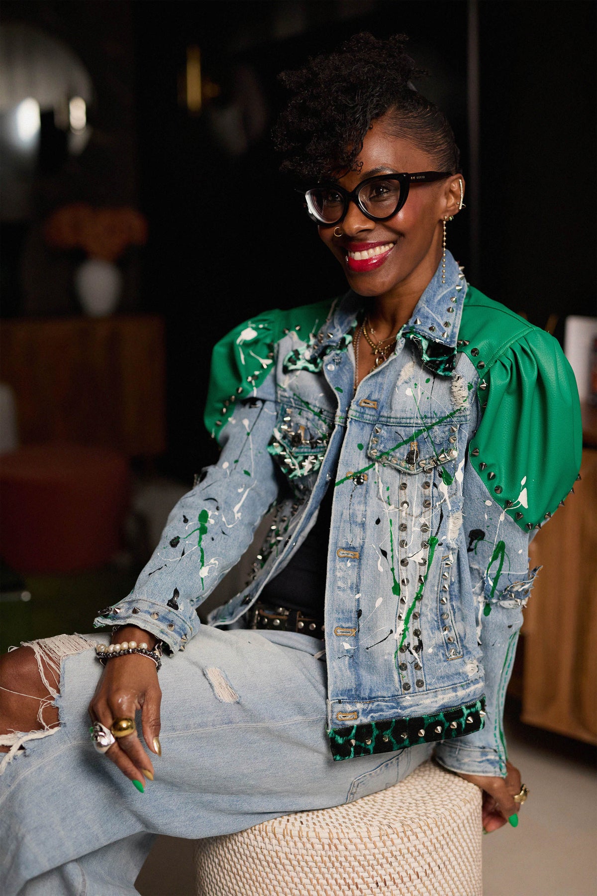 GREEN LEOPARD Denim jacket detail view — Skinner & Vale upcycled denim jacket