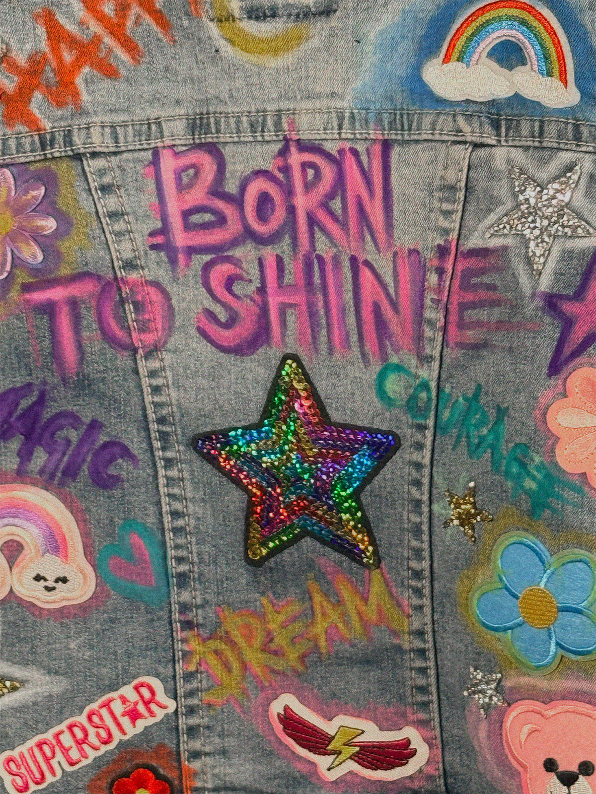 DREAM Girls Denim Jacket close-up detail — Skinner & Vale upcycled denim jacket
