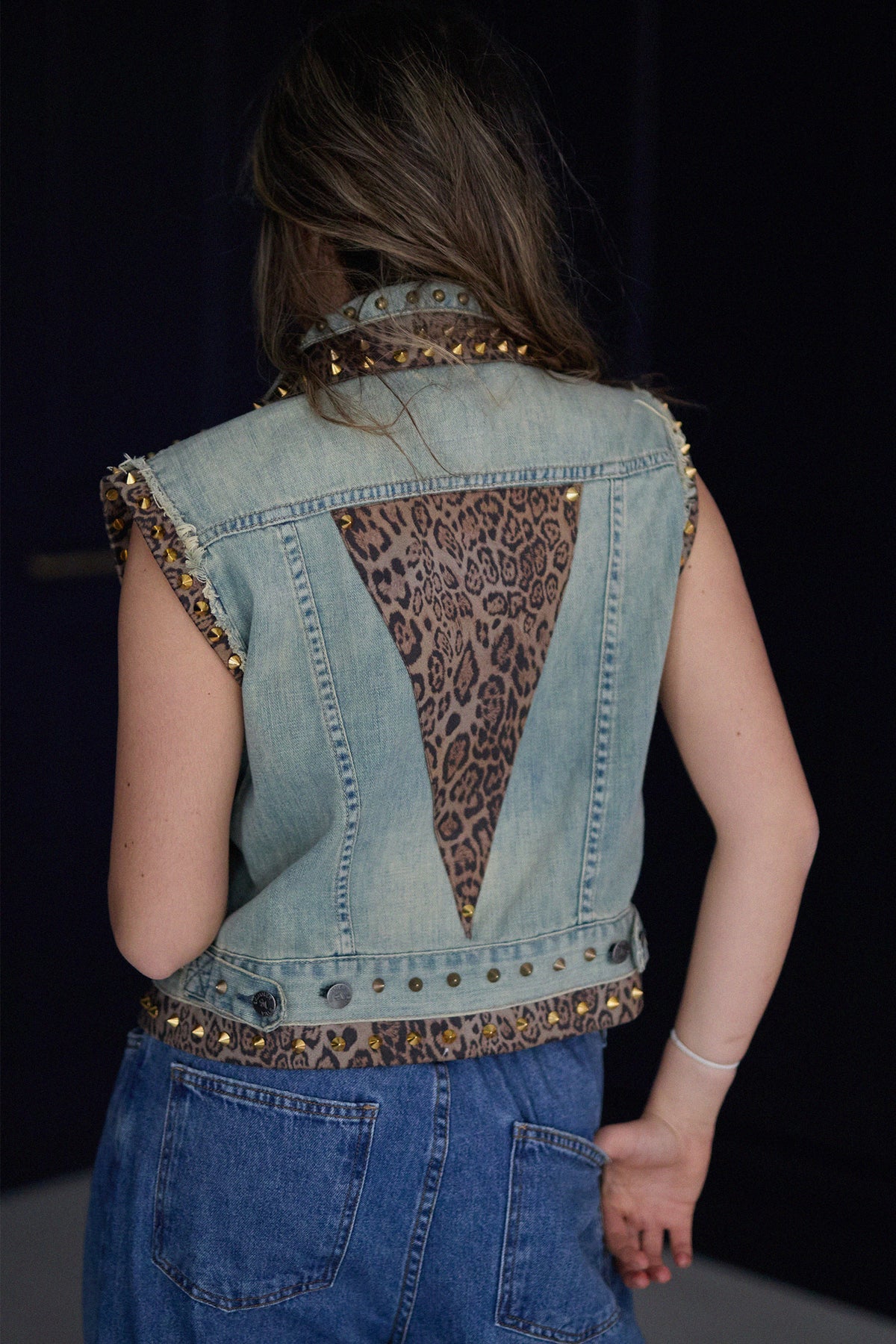 LEOPARD Denim Gilet lifestyle — Skinner & Vale upcycled denim gilet