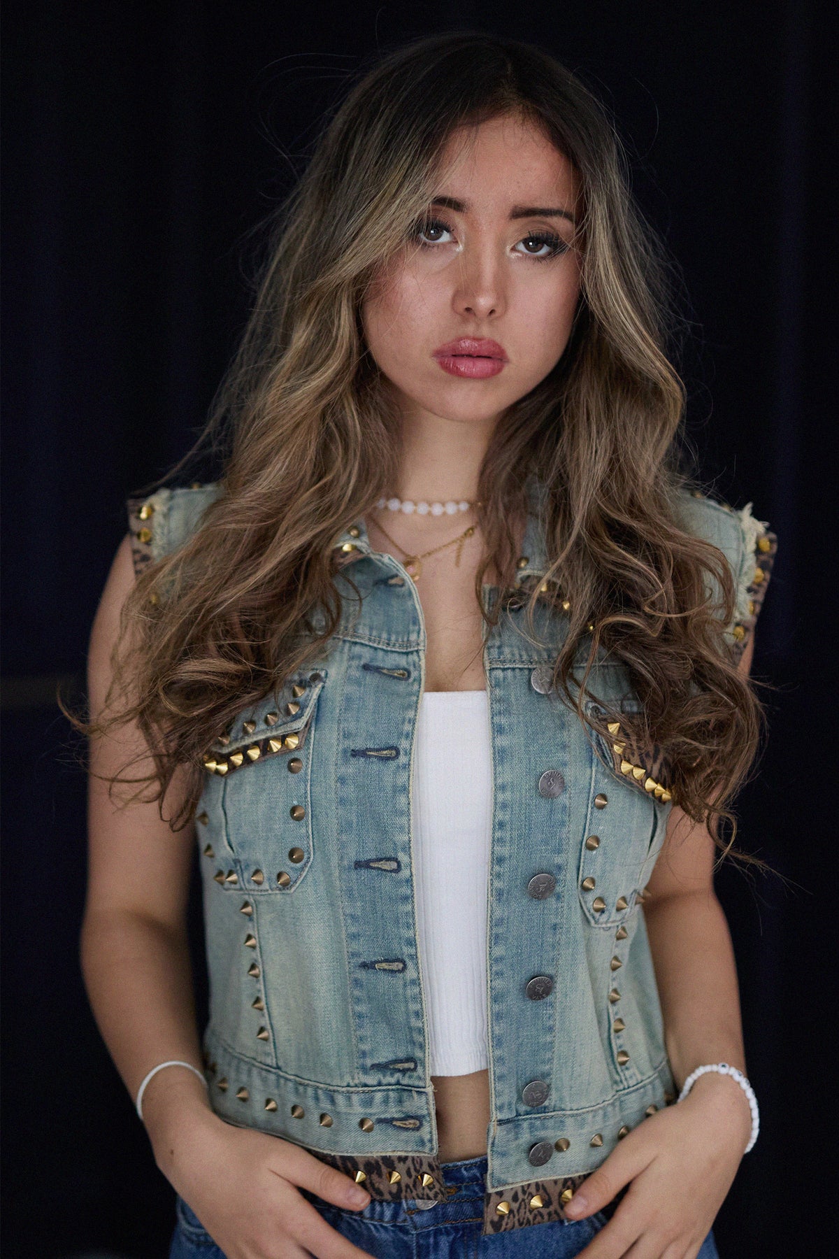 LEOPARD Denim Gilet detail view — Skinner & Vale upcycled denim gilet