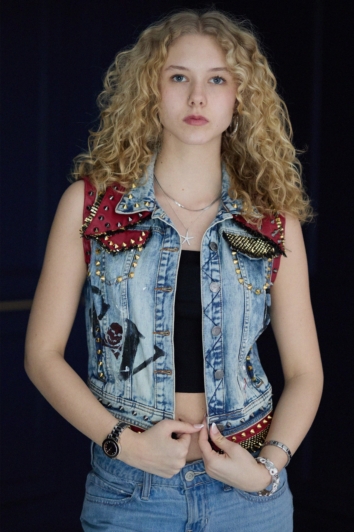 LIGHTENING Denim Gilet detail view — Skinner & Vale upcycled denim gilet