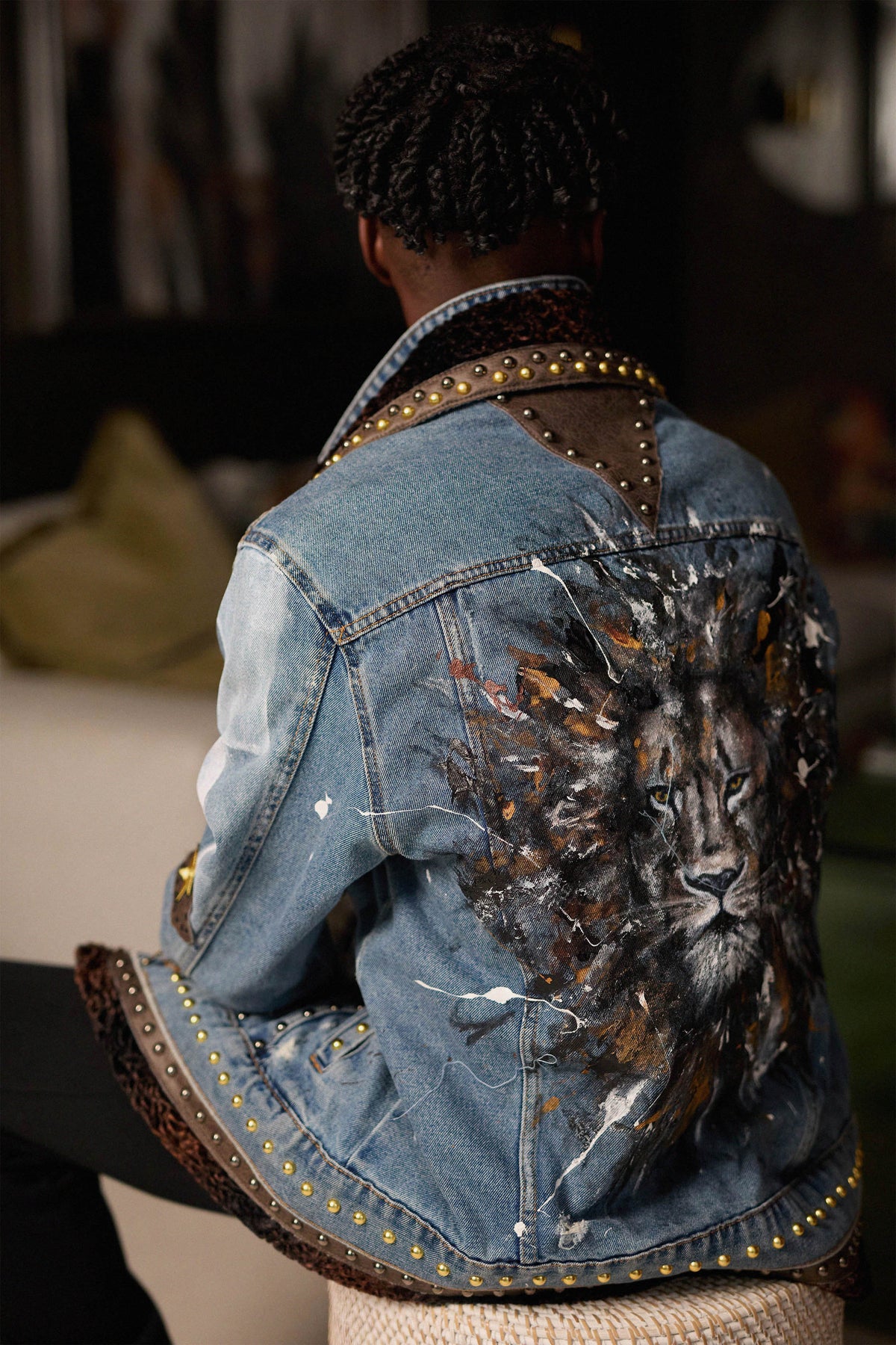LION Denim jacket detail view — Skinner & Vale upcycled denim jacket