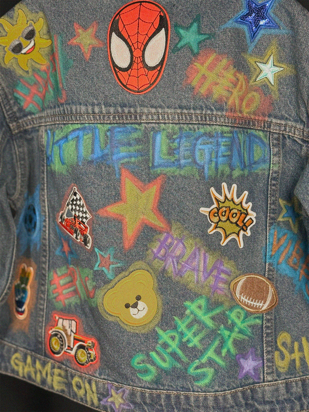 LITTLE LEGEND Boys Denim Jacket front view — Skinner & Vale upcycled denim jacket