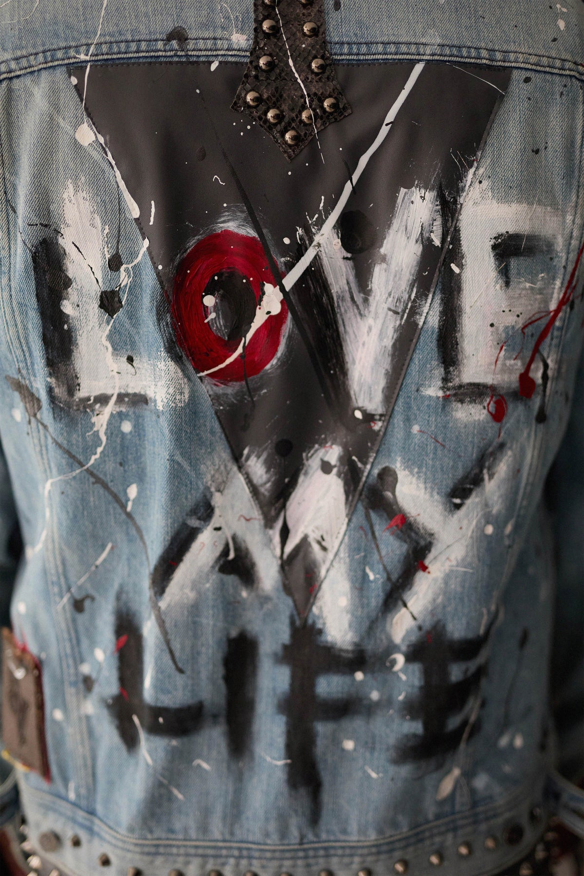 LOVE MY LIFE Mens Denim Jacket close-up detail — Skinner & Vale upcycled denim jacket