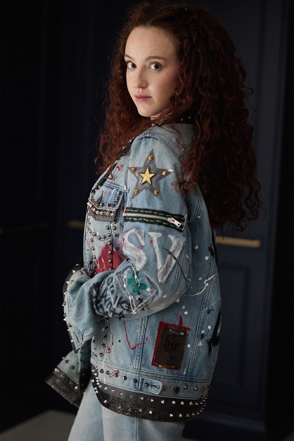 LOVE MY LIFE Womens Denim Jacket close-up detail — Skinner & Vale upcycled denim jacket