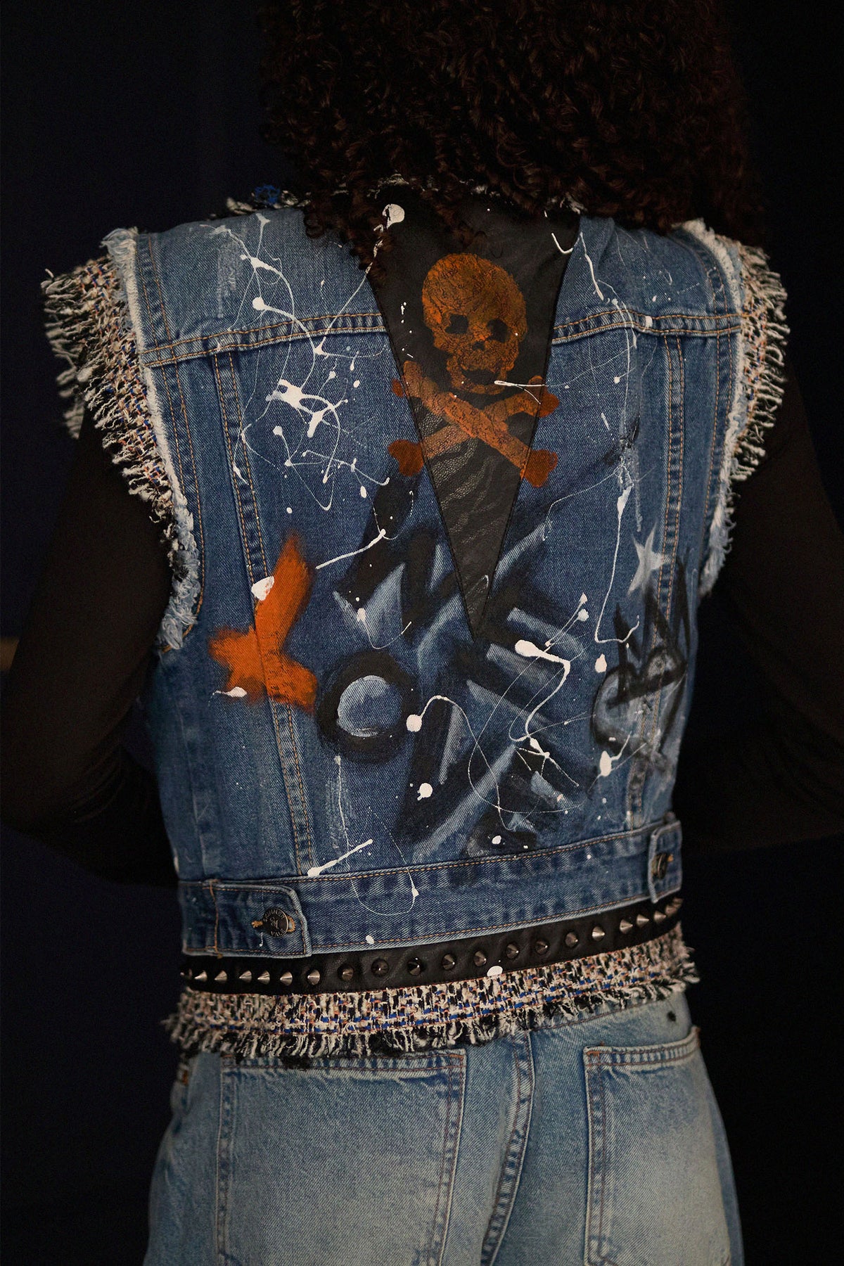 PUNK Skull Denim Gilet lifestyle — Skinner & Vale upcycled denim gilet