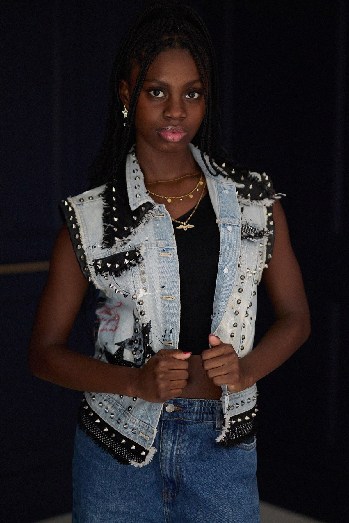 STAR Denim Gilet detail view — Skinner & Vale upcycled denim gilet