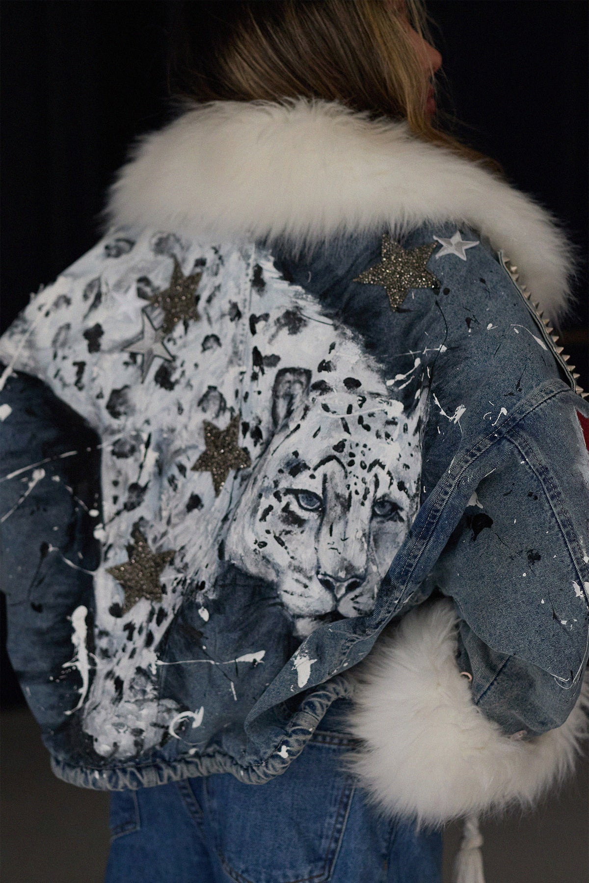 SNOW LEOPARD Denim Jacket lifestyle — Skinner & Vale upcycled denim jacket