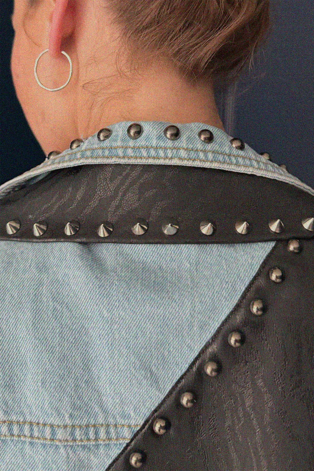 ZIGGY Denim Jacket close-up detail — Skinner & Vale upcycled denim jacket